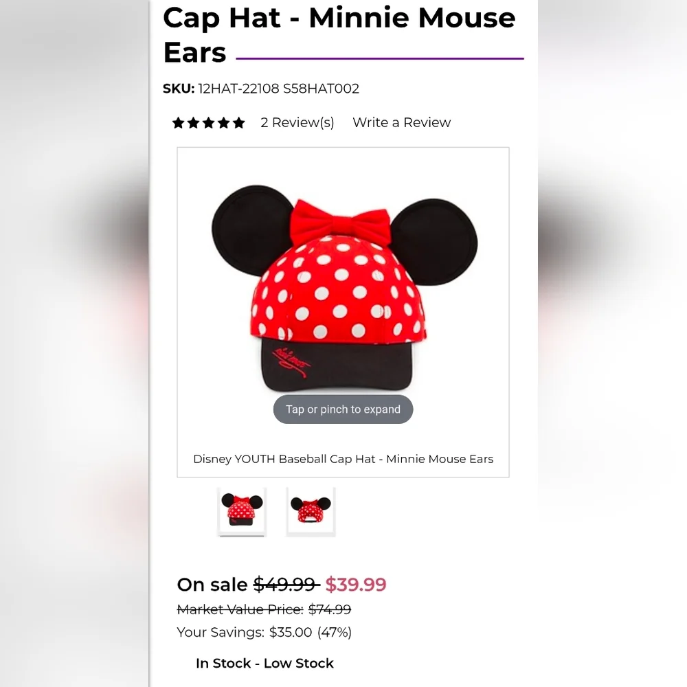 AUTHENTIC‎ DISNEY Minnie Mouse Ears Hat Red/White Polka Dots